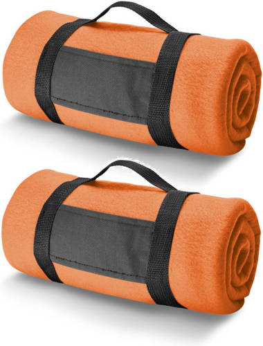 Bellatio Design 3x Fleece Dekens/plaids Oranje Met Afneembaar Handvat 150 X 120 Cm - Plaids