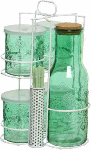 Decoris Groene Karaf/sapkan/schenkkan 1 Liter Met 4 Mason Jars En Rietjes - Schenkkannen