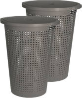 Bellatio Design 2x Stuks Kunststof Wasmand Met Deksel Rond Grijs 35 Liter