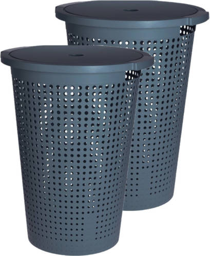 Bellatio Design 2x Stuks Kunststof Wasmand Met Deksel Rond Blauw 35 Liter