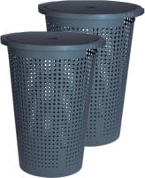 Bellatio Design 2x Stuks Kunststof Wasmand Met Deksel Rond Blauw 35 Liter