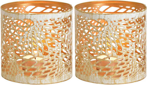 Bellatio Decorations 2x Kaarsenhouders Voor Theelichtjes/waxinelichtjes Wit/goud Abstract Vleugel Patroon 11 Cm - Waxinelichtjeshouders