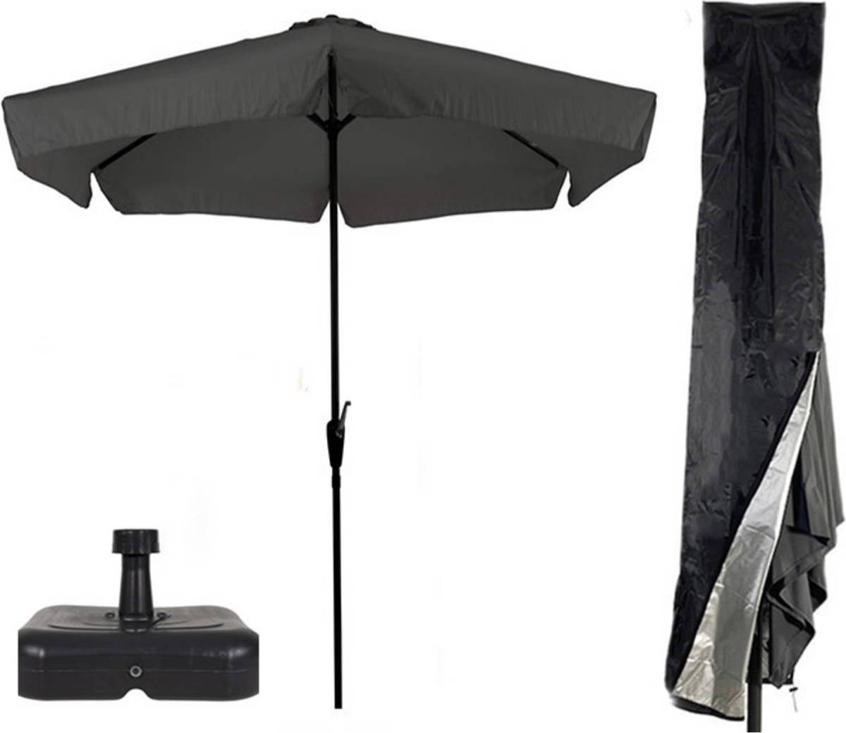 Parasol + Parasolvoet + Parasolhoes ( Grijs / Antraciet - Vulbare Parasolvoet - CUHOC Parasolhoes ) Super Combideal