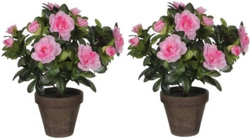 Mica Decorations 2x Groene Azalea Kunstplanten Roze Bloemen 27 Cm In Pot - Kunstplanten