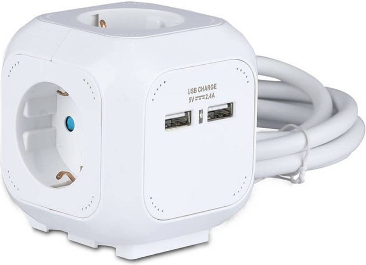 V-tac Vt-1154-2 Stekkerdoos Met 2x Usb - Kubus - 1.5 Meter - Wit