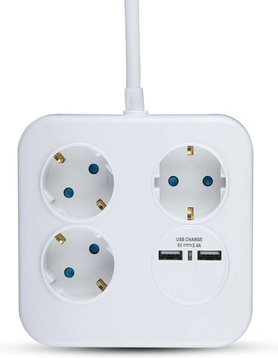 V-tac Vt-1153-2 Stekkerdoos Met Usb - Vierkant - 1,4 Meter - Wit