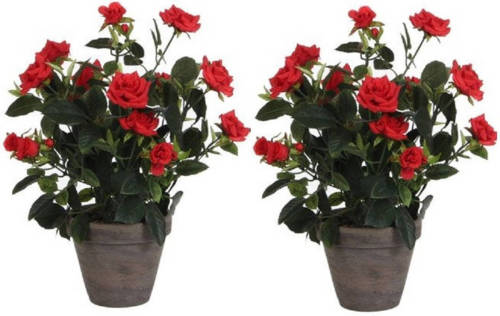 Mica Decorations 2x Rode Rosa/rozen Kunstplanten 33 Cm In Grijze Pot - Kunstplanten