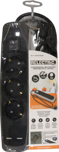 RELECTRIC Stekkerdoos - 3-voudig - 2x Usb-ingang - 1,5 Meter - Randaarde