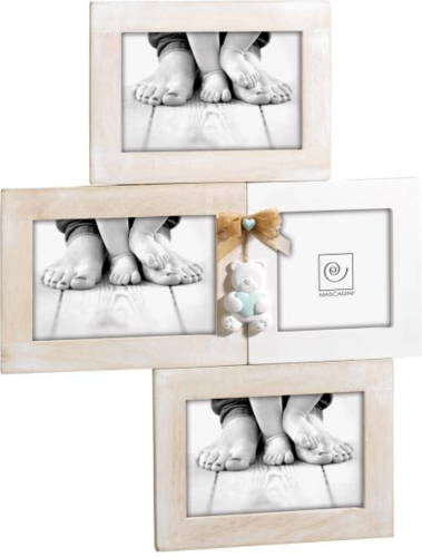 Mascagni - Multi Baby Fotolijst Hout Met Blauwe Teddybeer En Strik Voor 1 Foto 10x10 En 3 Foto's 10x15 Wf A958