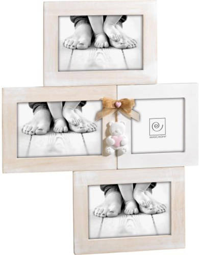 Mascagni - Multi Baby Fotolijst Hout Met Roze Teddybeer En Strik Voor 1 Foto 10x10 En 3 Foto's 10x15 Wc A958