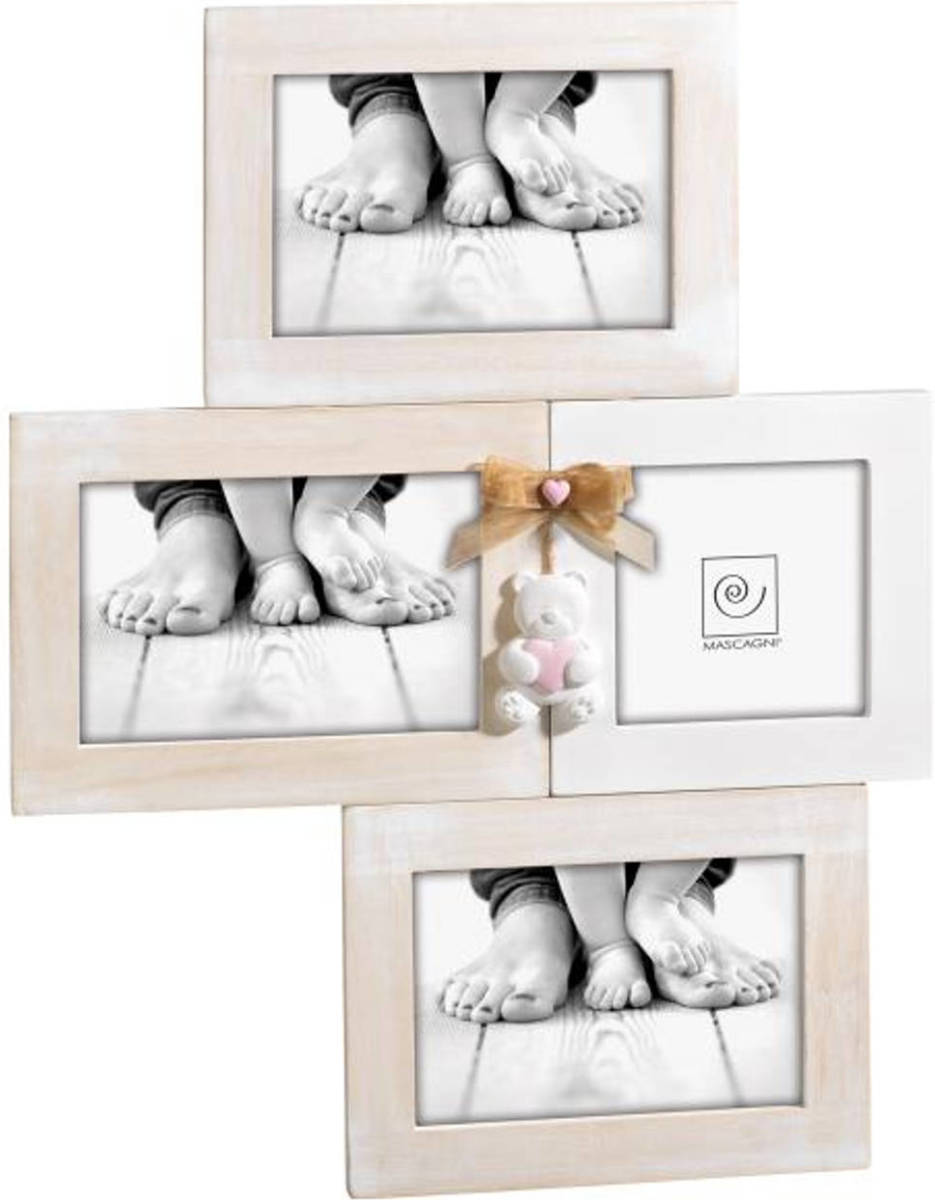 Mascagni - Multi Baby Fotolijst Hout Met Roze Teddybeer En Strik Voor 1 Foto 10x10 En 3 Foto's 10x15 Wc A958