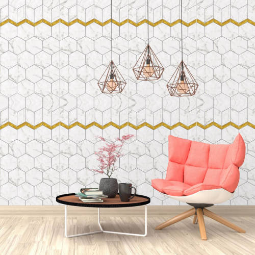 Walplus Hexagon Met Marmer Effect - Muur Decoratie Sticker - Met Gouden Randje - 4 Bladen Van 60x90 Cm