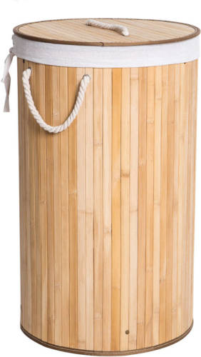 Decopatent Grote Ronde Bamboe Wasmand 1 Vak Met Deksel En Stoffen Waszak - Bamboe