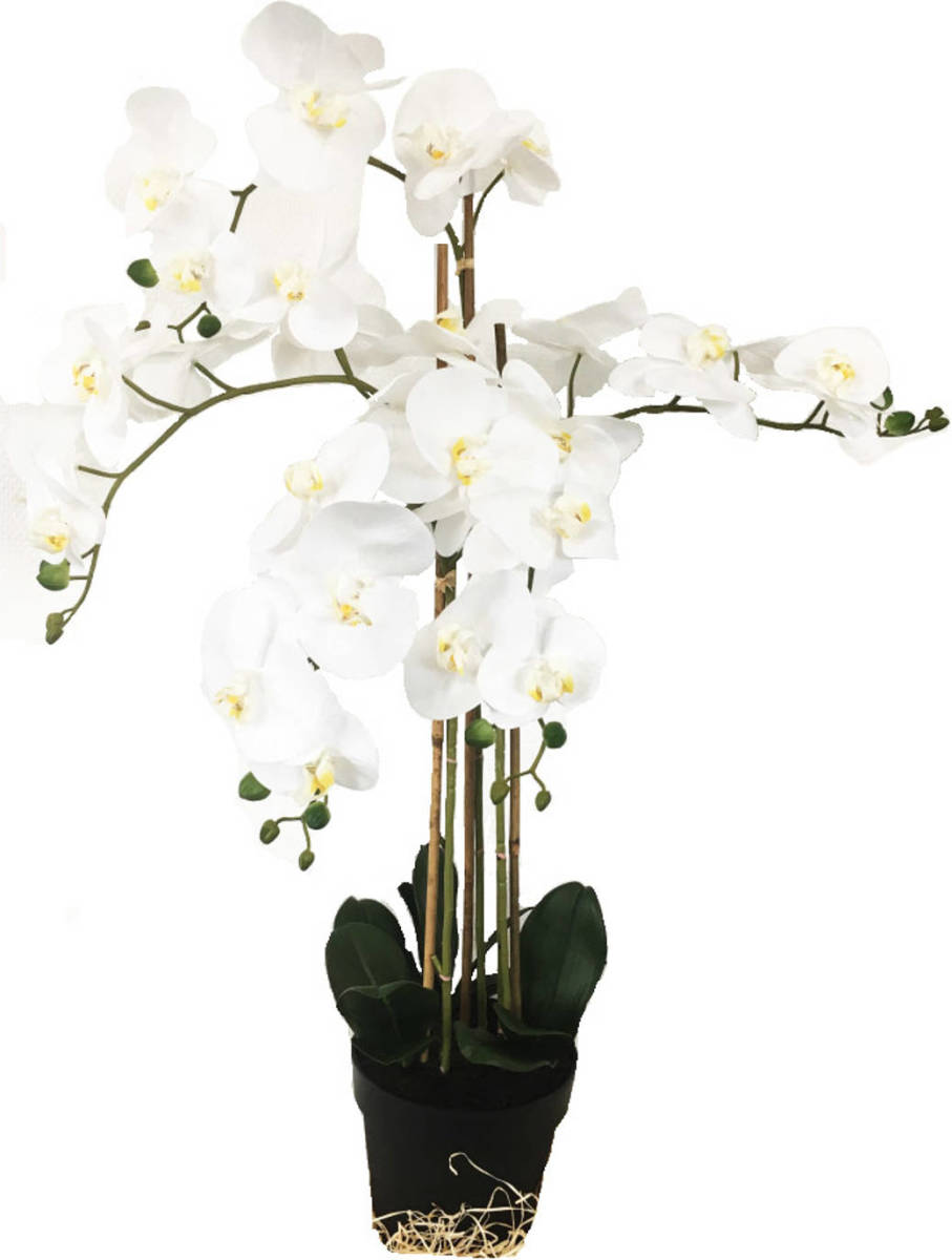 CUHOC Grote Levensechte Kunst Orchidee / Phlaenopsis Plant 100 Cm Met Pot ( 5-taks Vol Bloemen) Kleur Wit
