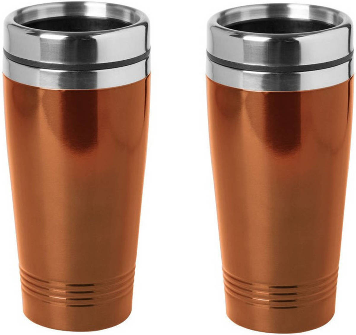 Bellatio Design 2x Stuks Rvs Warmhoudbeker/warm Houd Beker Metallic Oranje 450 Ml - Thermosbeker
