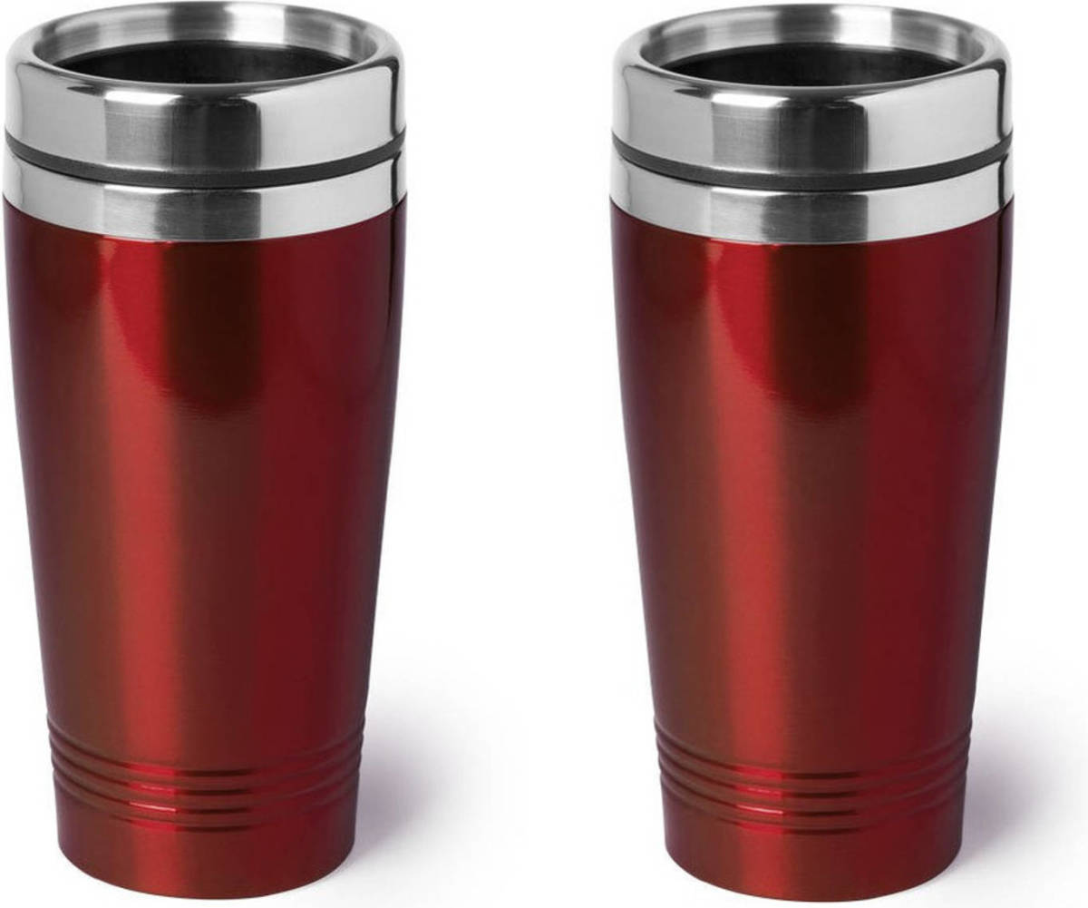 Bellatio Design 2x Stuks Rvs Warmhoudbeker/warm Houd Beker Metallic Rood 450 Ml - Thermosbeker