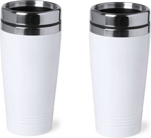 Bellatio Design 2x Stuks Rvs Warmhoudbeker/warm Houd Beker Metallic Wit 450 Ml - Thermosbeker