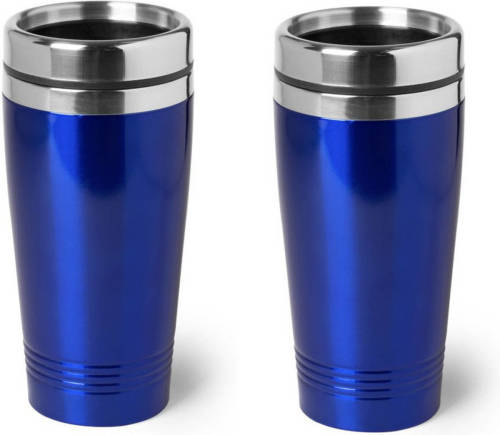 Bellatio Design 2x Stuks Warmhoudbeker/warm Houd Beker Metallic Blauw 450 Ml - Rvs Isoleerbeker/thermosbekers Reisbekers Voor Onderweg