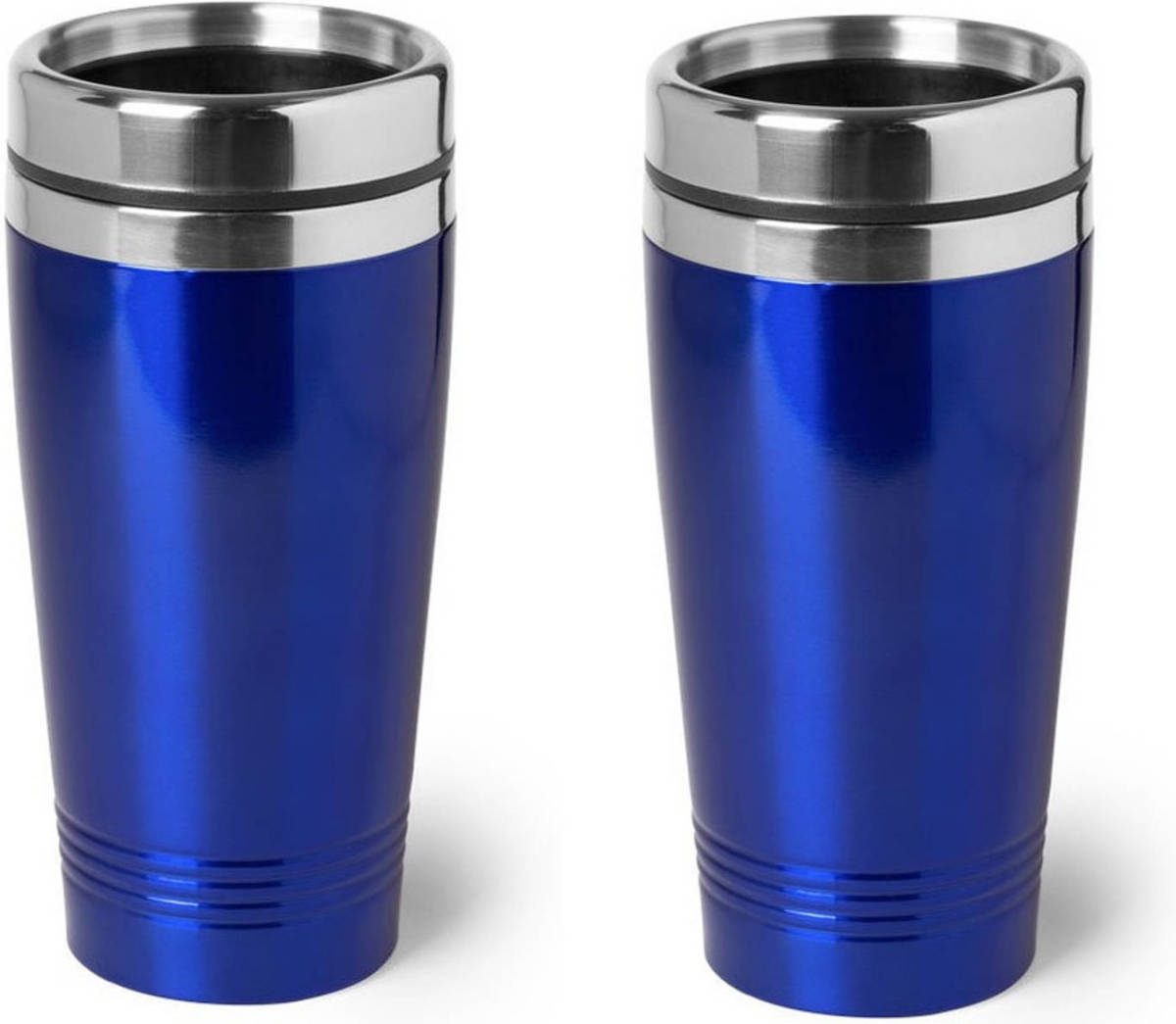 Bellatio Design 2x Stuks Warmhoudbeker/warm Houd Beker Metallic Blauw 450 Ml - Rvs Isoleerbeker/thermosbekers Reisbekers Voor Onderweg