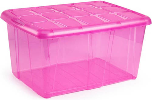 Forte Plastics 1x Opslagbakken/organizers Met Deksel 60 Liter 63 X 46 X 32 Transparant Roze - Opbergbox