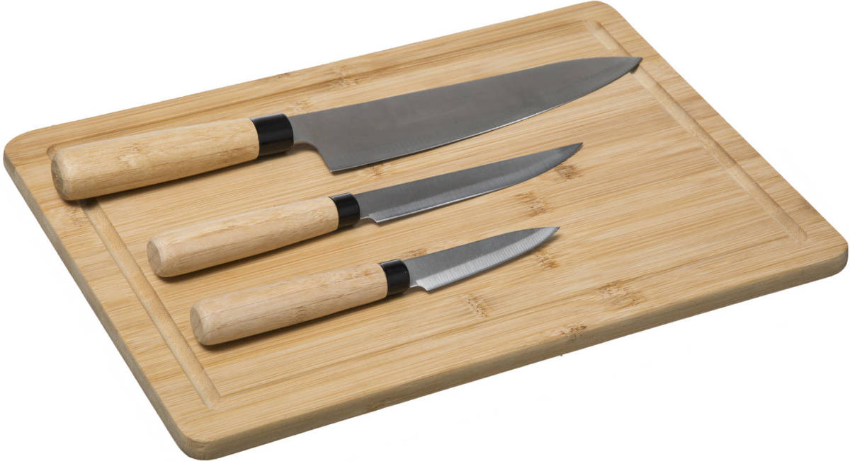 4Goodz 3-delige Messen Set Met Bamboe Snijplank - 35x25x4cm - Bruin
