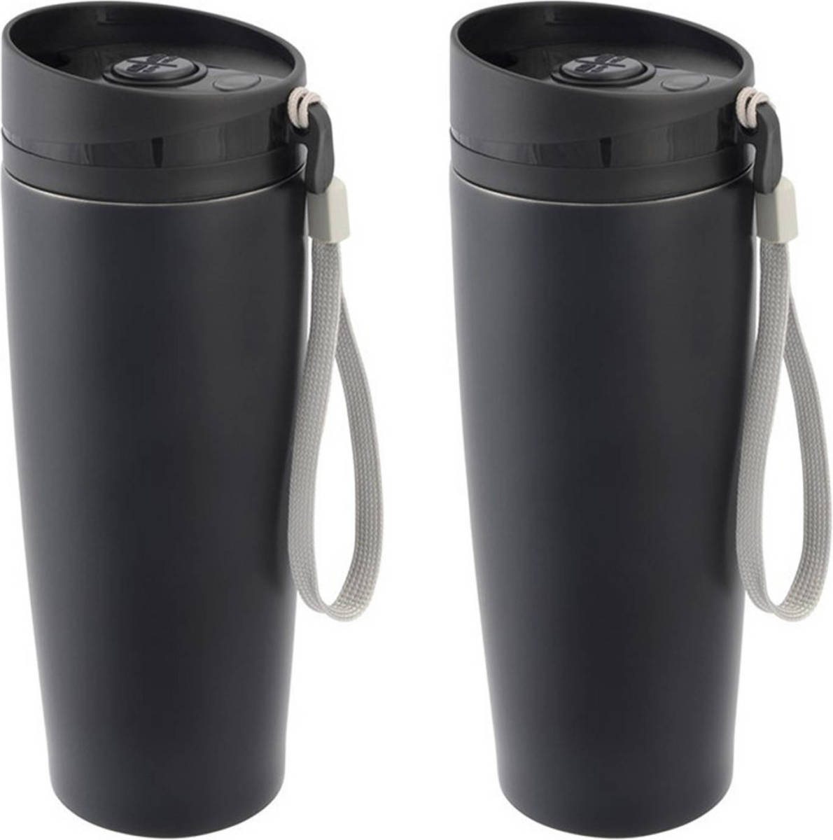 Bellatio Design Set Van 2x Stuks Rvs Warmhoudbeker/isoleerbeker Zwart Staal 380 Ml - Thermosbeker