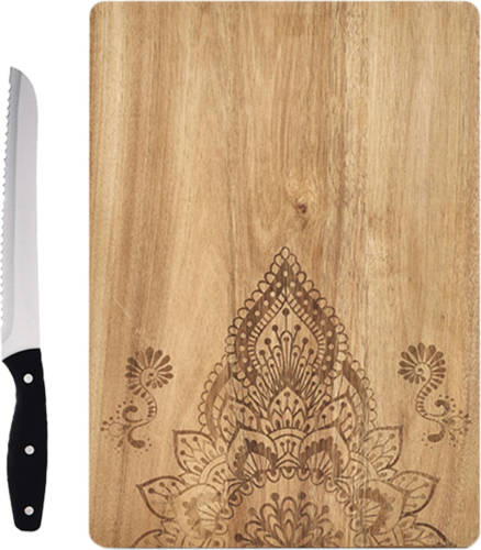 Zeller Rechthoekige Houten Snijplanken Met Mandala Print 40 Cm Inclusief Rvs Broodmes 33 Cm - Snijplanken