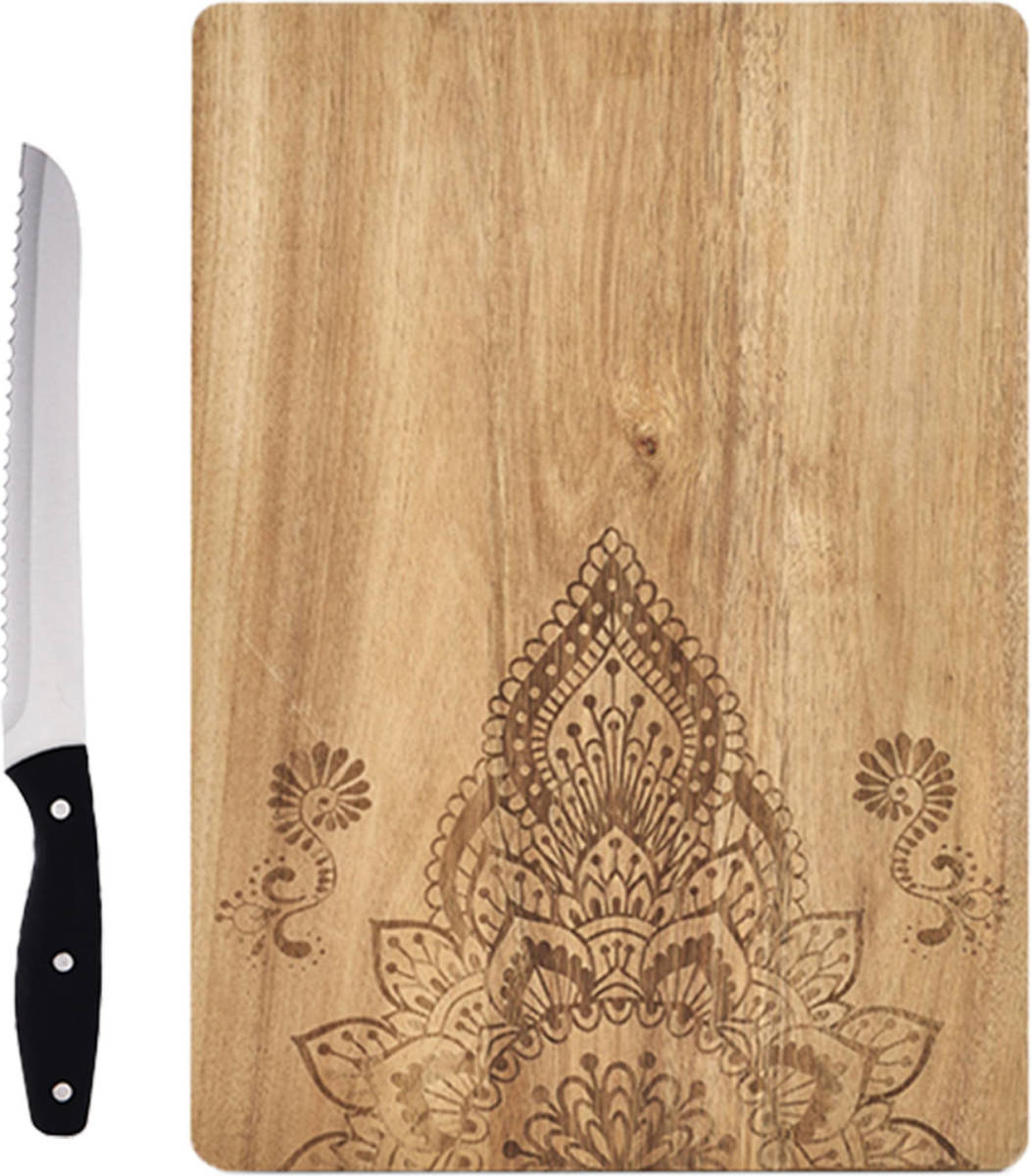 Zeller Rechthoekige Houten Snijplanken Met Mandala Print 40 Cm Inclusief Rvs Broodmes 33 Cm - Snijplanken