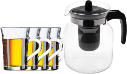 Bellatio Design Glazen Theepot Zwart Met Filter Van 1,5 Liter Met 6x Stuks Theeglazen Stockholm Van 230 Ml - Theepotten