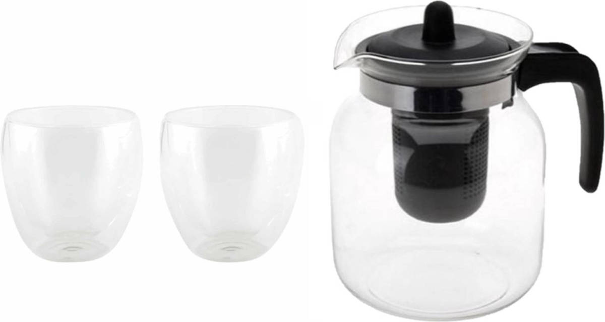 Bellatio Design Glazen Theepot Zwart Met Filter Van 1,5 Liter Met 2x Stuks Dubbelwandige Theeglazen Van 200 Ml - Theepotten