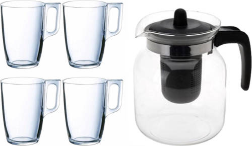 Glazen Theepot Zwart Met Filter Van 1,5 Liter Met 8x Stuks Theeglazen Arcoroc Van 320 Ml - Theepotten