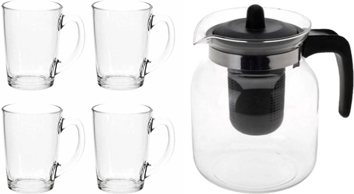 Glazen Theepot Zwart Met Filter Van 1,5 Liter Met 8x Stuks Theeglazen Luminarc Van 320 Ml - Theepotten