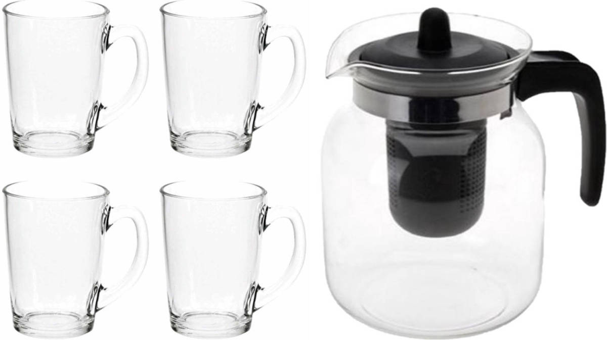 Glazen Theepot Zwart Met Filter Van 1,5 Liter Met 10x Stuks Theeglazen Luminarc Van 320 Ml - Theepotten