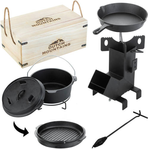 Dutch Mountains Dutch Oven Gietijzeren Pannenset 7-delig - In Houten Kist - Braadpan - Grillpan - Deksellifter - Brander