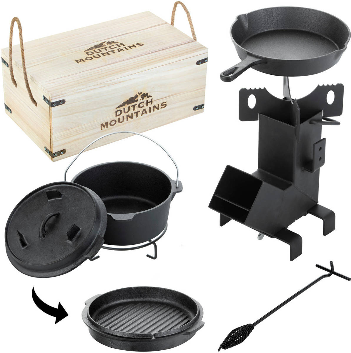 Dutch Mountains Dutch Oven Gietijzeren Pannenset 7-delig - In Houten Kist - Braadpan - Grillpan - Deksellifter - Brander